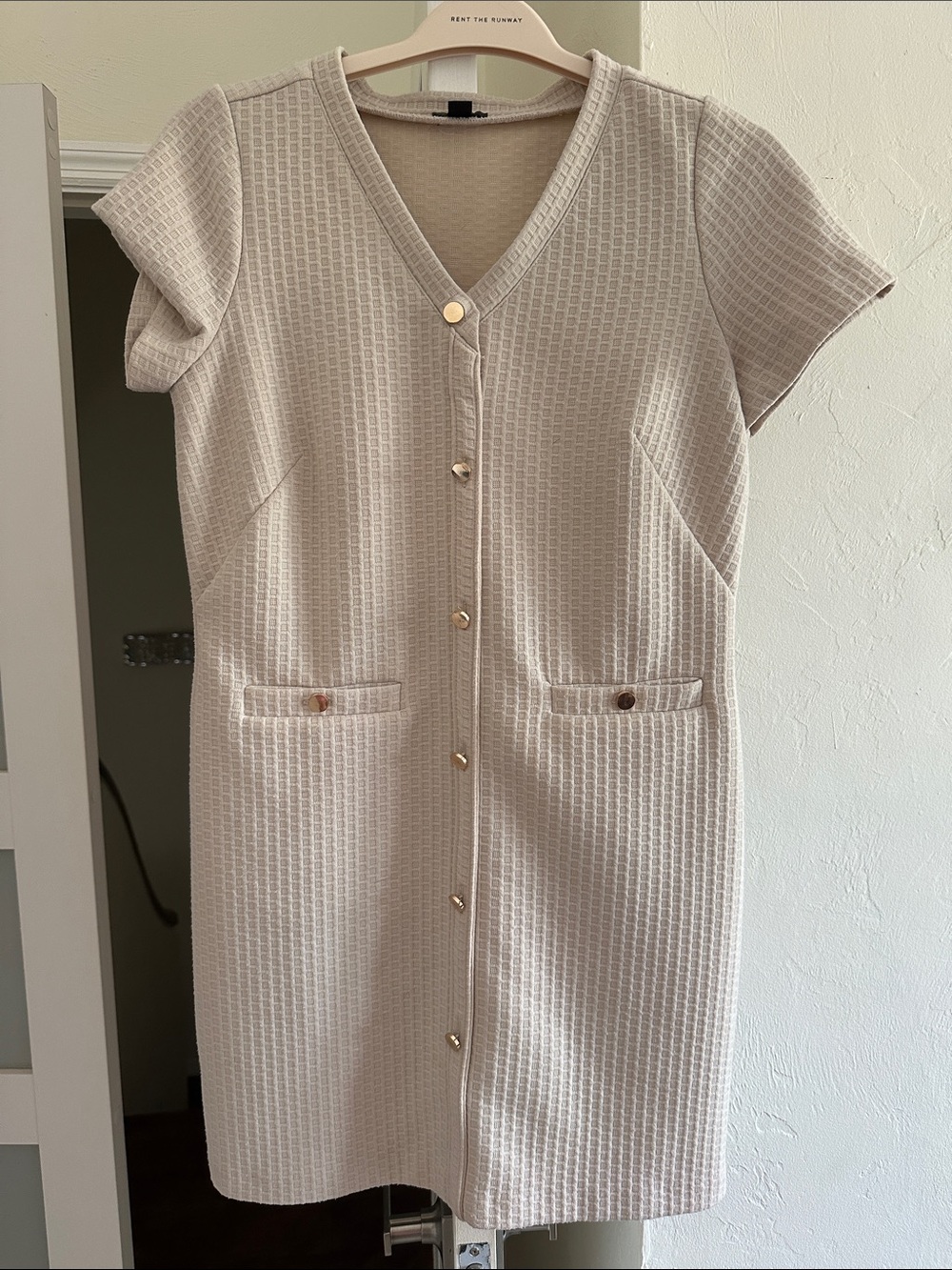 Ann Taylor Factory Cream Textured V-Neck Midi Dress with Gold Buttons